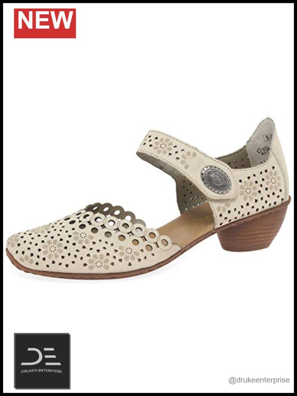 Rieker Leather Mary Jane Low Heel Closed Toe Ankle Strap Laser-Cut Women's Shoes